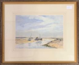 Doreen Allen - Low Tide, Brancaster Staithe, w/c, framed and glazed.