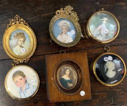 Group of six assorted oval / circular portrait miniatures in varying mediums including