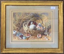 Jabez Bligh (British, fl.1863-1889), Still life of Mushrooms in a basket, watercolour, signed and