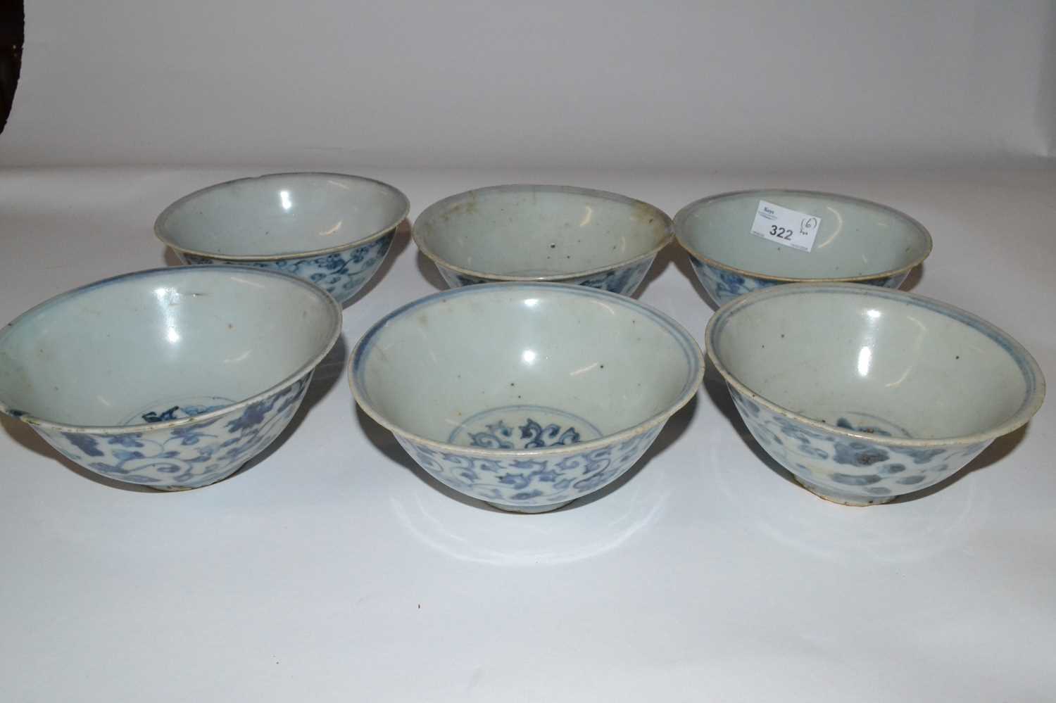 A group of six Chinese porcelain bowls with Ming Dynasty type designs, 14cm diameter (Inventory