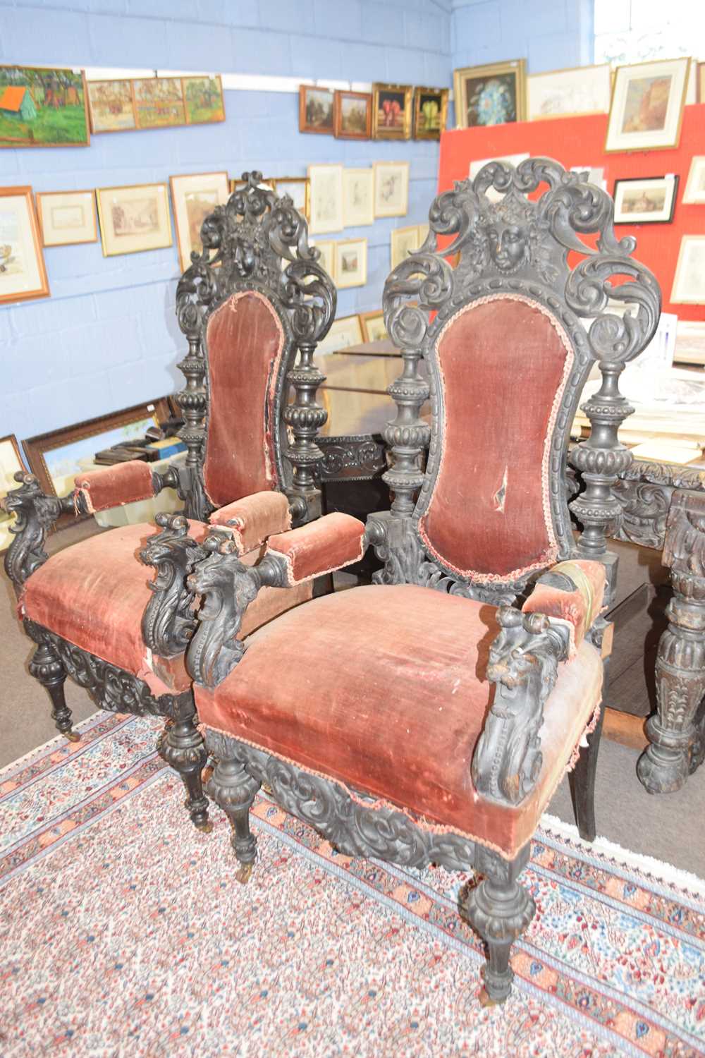 A pair of large 19th Century gothic style throne type chairs with elaborately carved backs and arms, - Image 2 of 2