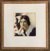 British School, 20th century, Bust portrait of a young woman in a violet dress and in an interior