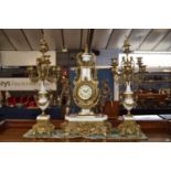 20th Century brass and grey marble clock garniture of classical form, the central clock with