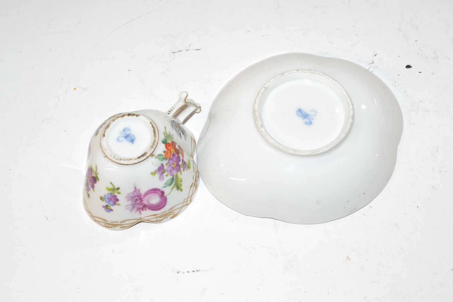 A 19th Century Dresden cup and saucer of quatre lobe form decorated with flowers, blue AR mark to - Image 3 of 3