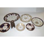 A collection of English porcelain ceramics including an 18th Century Worcester plate, decorated with