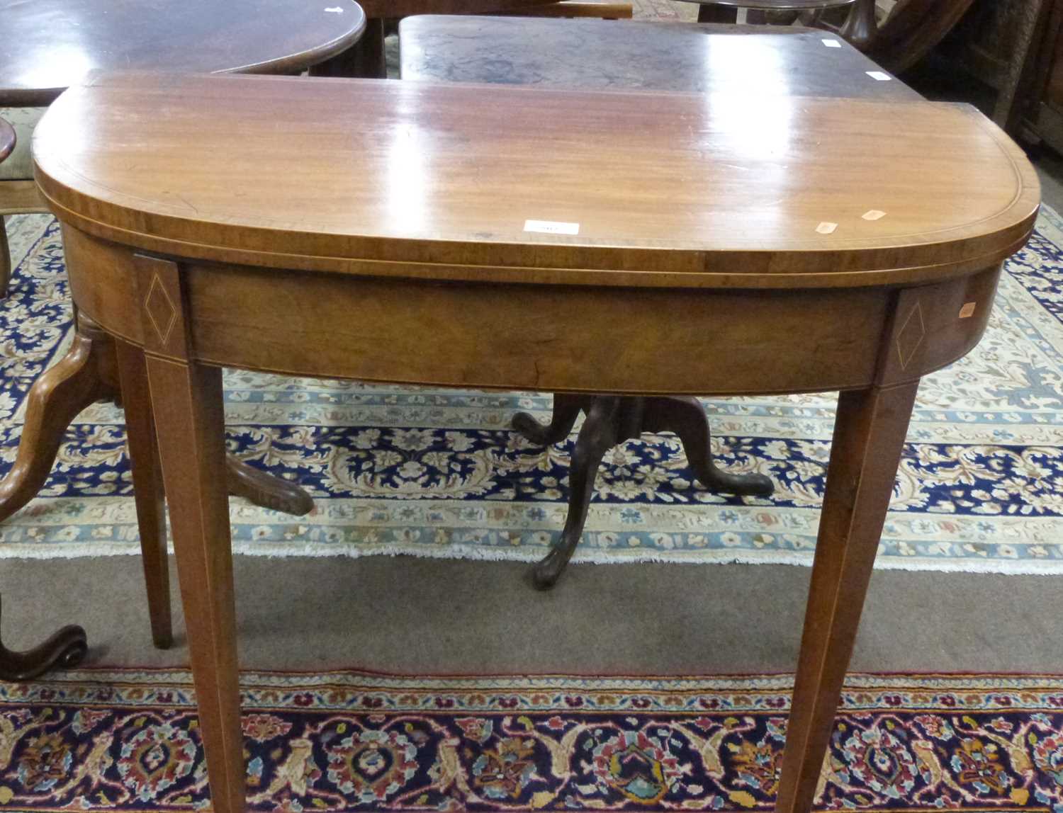 A Georgian faded mahogany D shaped tea table with inlaid banding, 91cm wide - Image 3 of 3