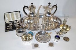 A quantity of silver plated wares including a large tray, coffee pot, water jug, various bowls and