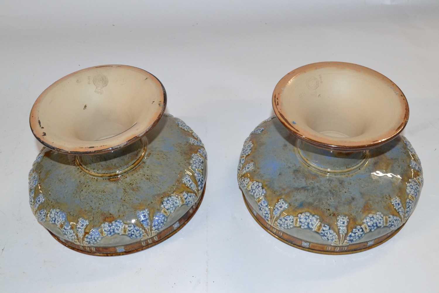 A pair of Royal Doulton tazzae, both with applied floral design of swags, 19cm diameters - Image 4 of 4