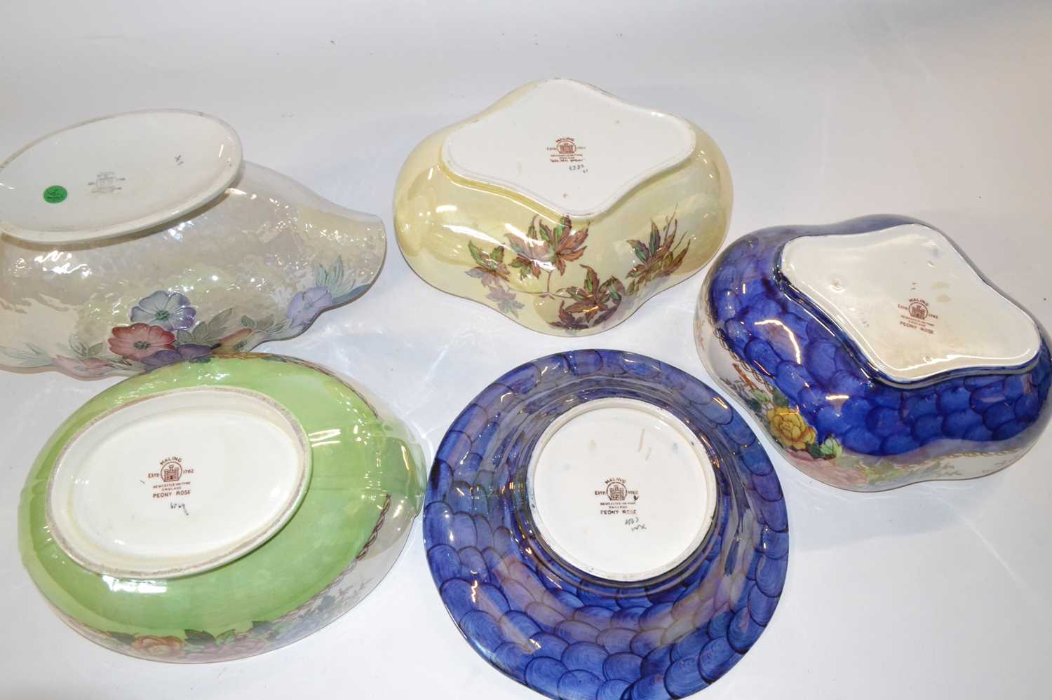 A group of five Maling lustre bowls all with various floral designs, largest 29cm diameter - Image 2 of 2