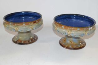 A pair of Royal Doulton tazzae, both with applied floral design of swags, 19cm diameters