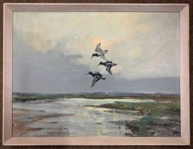 Jack Cox (1914-2007) Ducks in flight, oil on board, signed,19x36cm, framed