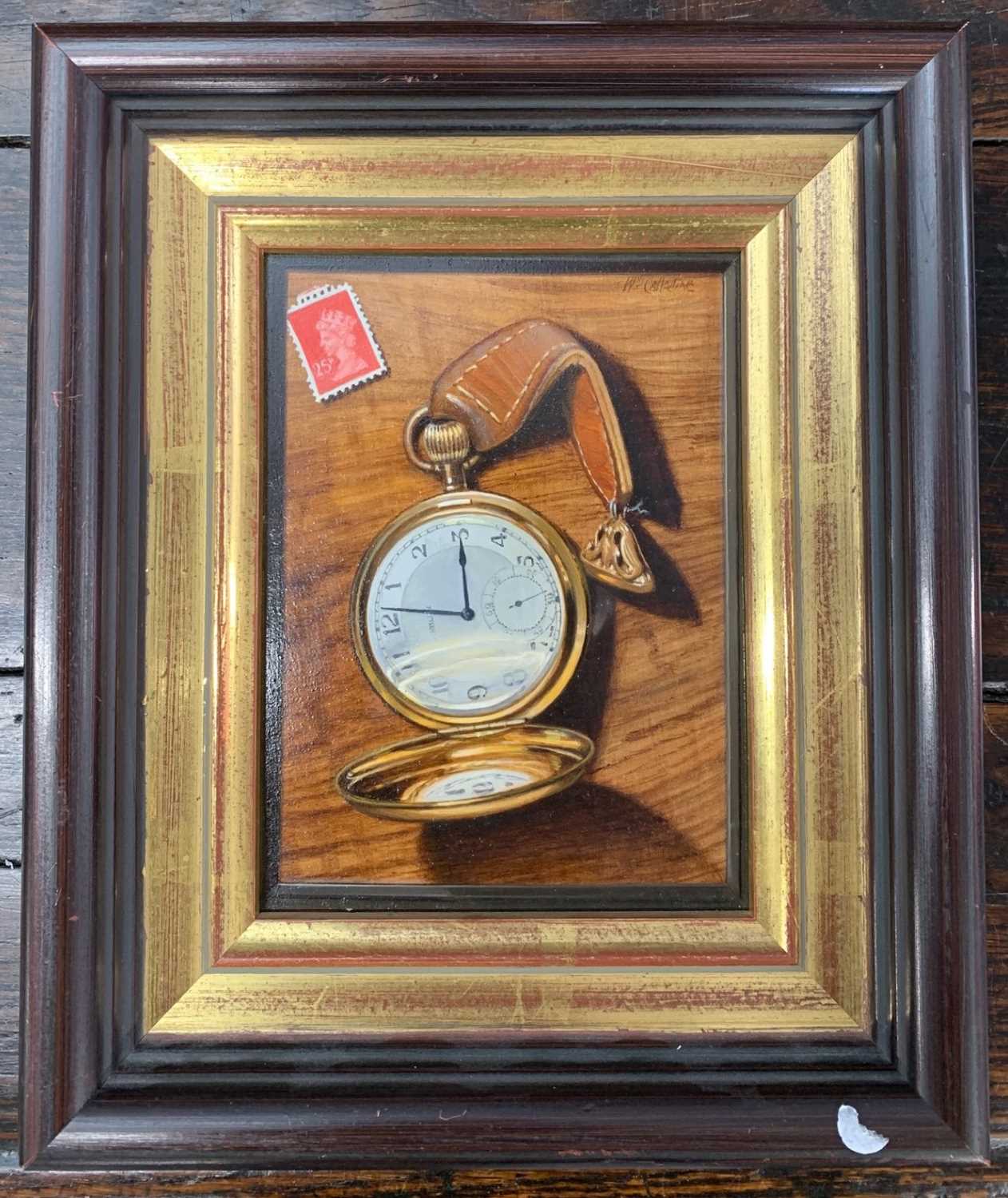 William Calladine (British, b.1941), Still life of a gold pocket watch and stamp, oil on board,