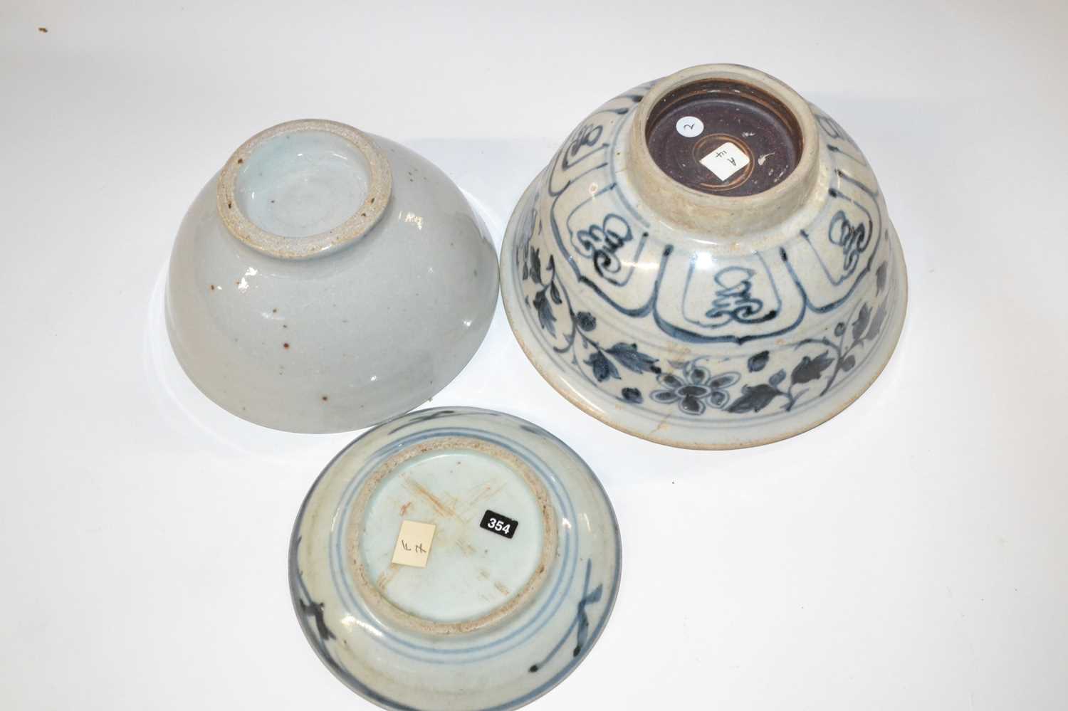 A group of two Chinese pottery bowls and a small dish, with various designs (Inventory 354), largest - Image 3 of 3