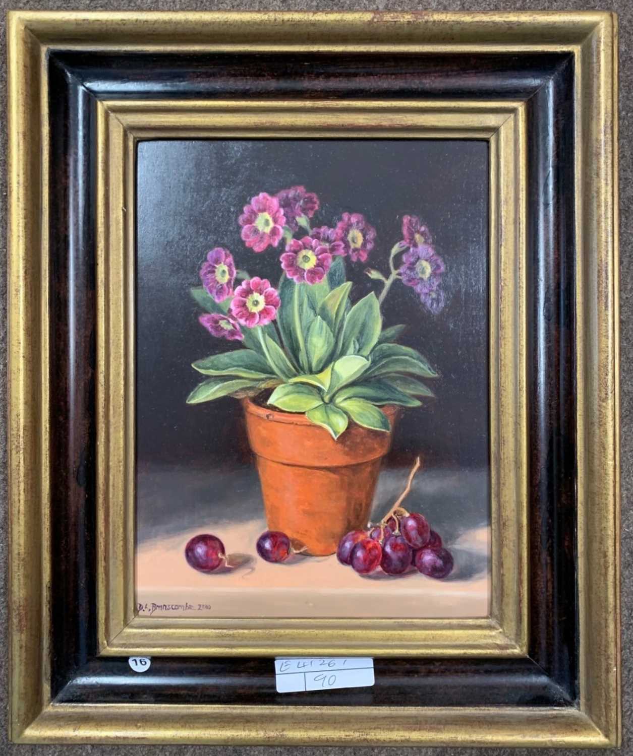 Dianne Branscombe (British, b.1959), 'Auricula', oil on board, signed and dated 2000,16x22cm,