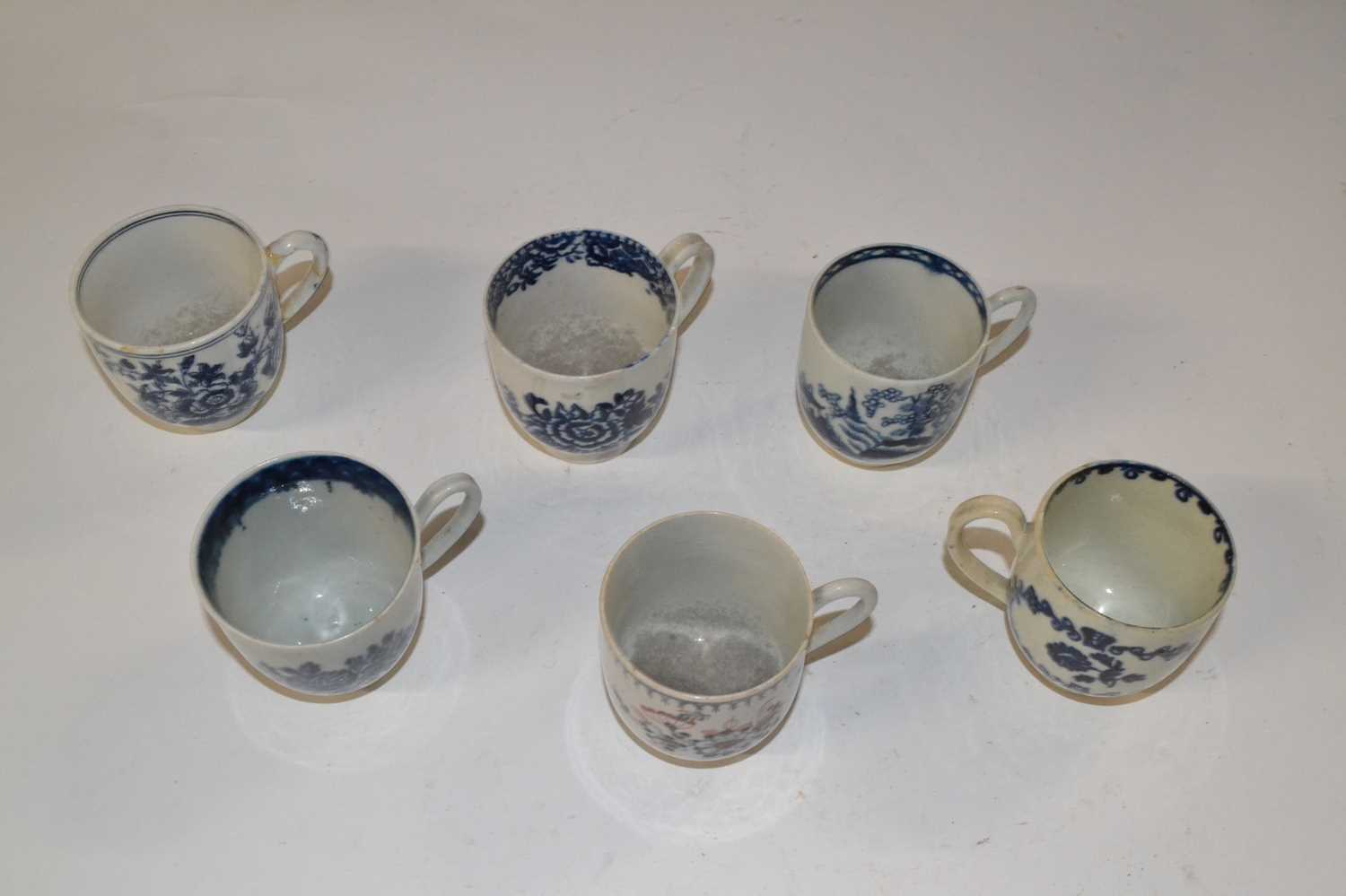 Quantity of six 18th Century English porcelain tea cups, all with blue and white designs, mainly - Image 2 of 3