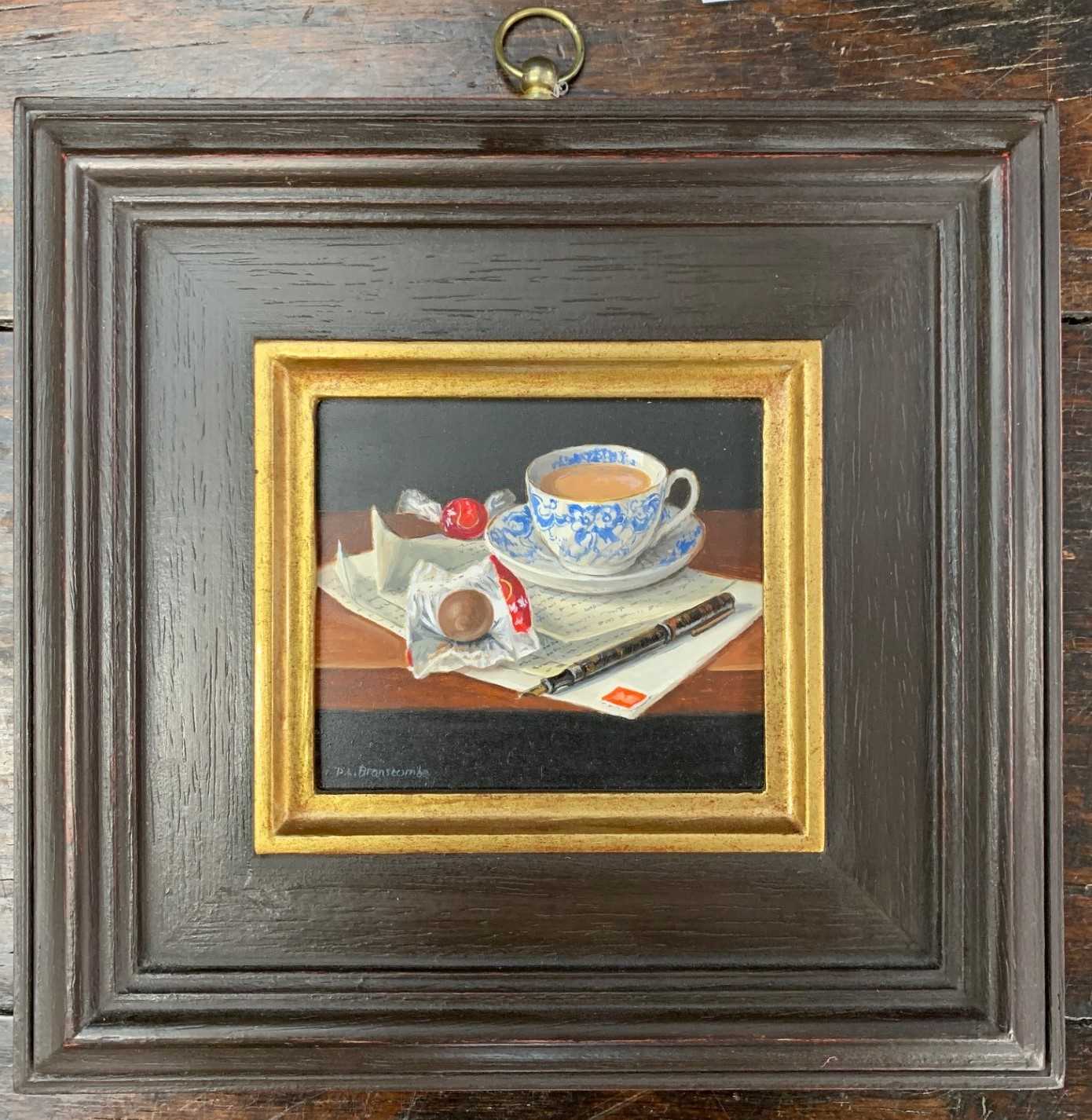 Dianne Branscombe (Britsh, b.1959), 'Letter To A Friend', oil on board, signed, 6x7cm, framed.