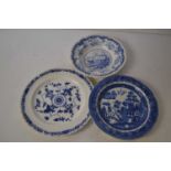 A group of Staffordshire wares including a Chinese marine scene, a Minton blue and white plate and