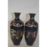 A pair of early 20th Century Cloisonne vases with typical designs, 23cm high