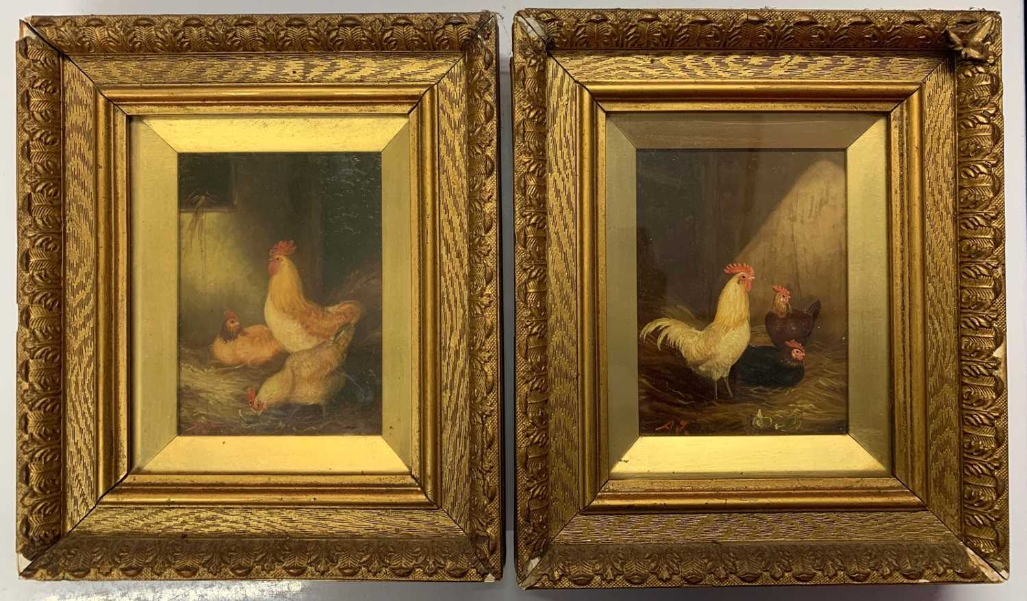 British School, circa 19th / early 20th century, Chickens in stables, oils on board, initialed '