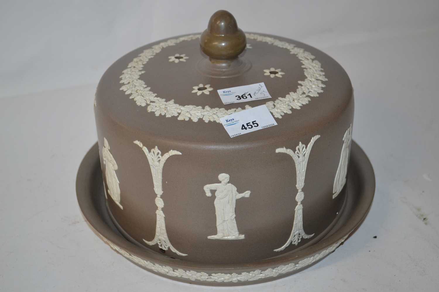 A 19th Century pottery Stilton cheese dish and cover, in Wedgwood style with applied decoration