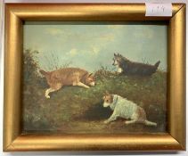 British School, 20th century, Hunting Terriers, oil on board, unsigned,16.5x22cm, framed