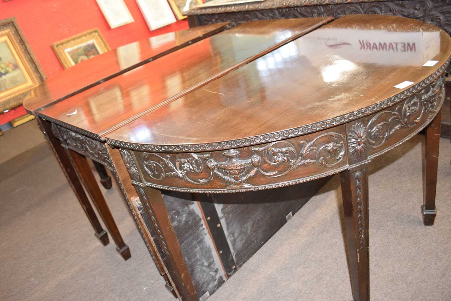An Adams style mahogany sectional dining table formed of two ends, a central drop leaf section and a - Image 2 of 2