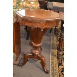 A Victorian rosewood sewing table of trumpet form with hinged octagonal top raised on a turned