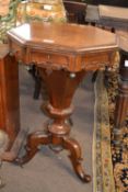 A Victorian rosewood sewing table of trumpet form with hinged octagonal top raised on a turned