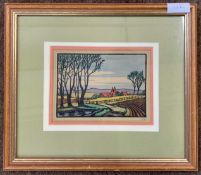 Graham Dudley Page (British, b.1905), hand coloured woodcut, signed in pencil, 12x16.5cm, framed and