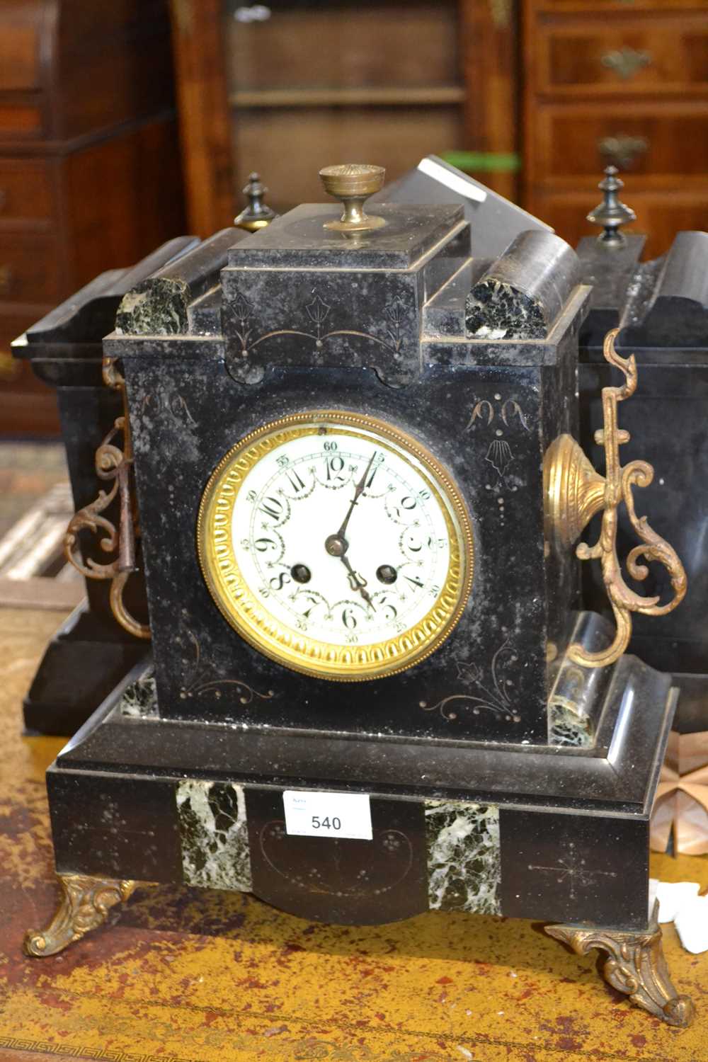 A late 19th Century black slate and marble mounted mantel clock of typical form, 29cm high - Image 2 of 2