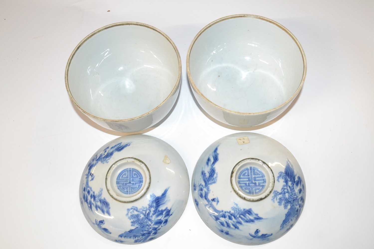 Two Oriental porcelain bowls and covers with blue and white designs, the covers with good luck - Image 5 of 5