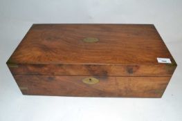 Victorian walnut and brass bound writing box of hinged rectangular form, 50cm wide