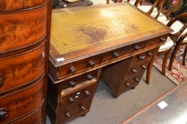 A late Victorian mahogany twin pedestal office desk with tooled leather top and turned knob handles,