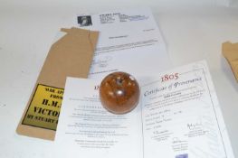 A carved oak apple (made from wood from HMS Victory), limited edition of 50, this example is