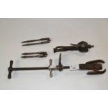 Group lot of metal wares comprising a sole makers tool together with a novelty elephant head nut