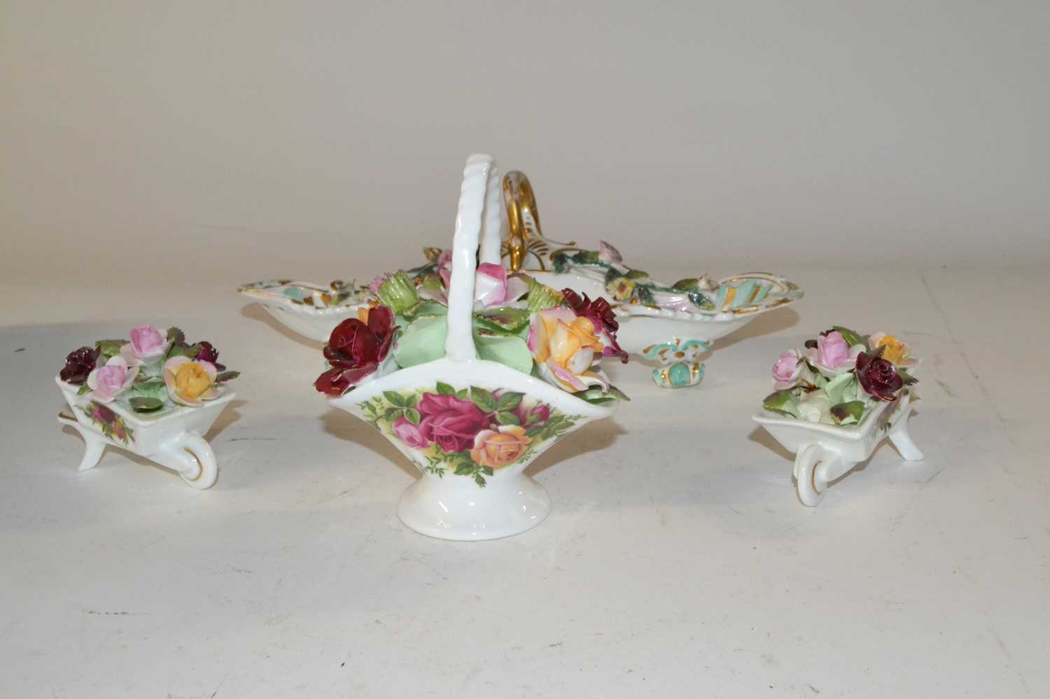 A box containing Royal Albert porcelain flowers and two wheelbarrows and further porcelain tray - Image 2 of 4