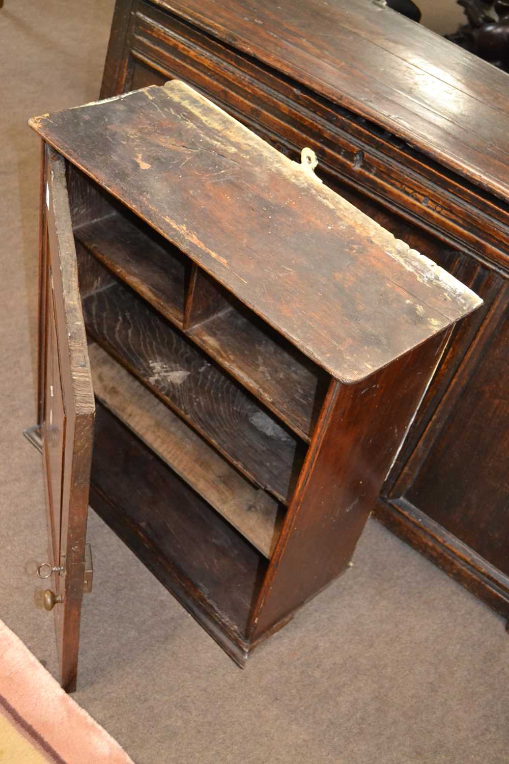 A George III oak wall cabinet with single panelled door and shelved interior, 56cm high - Image 2 of 2