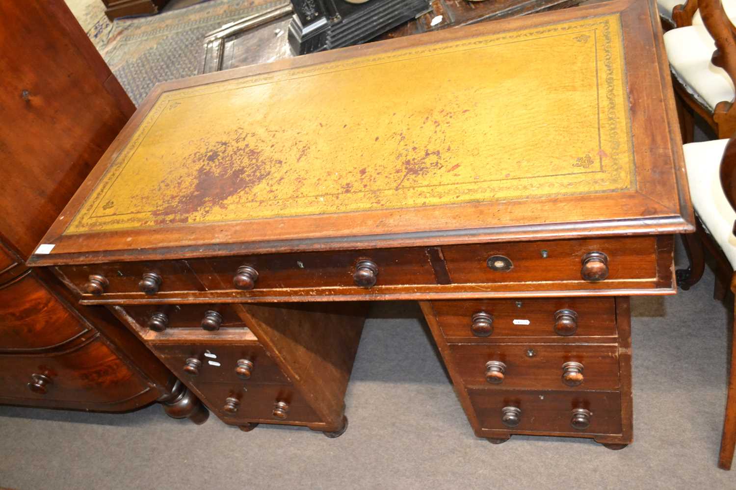 A late Victorian mahogany twin pedestal office desk with tooled leather top and turned knob handles, - Image 2 of 2