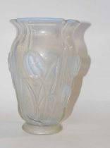 An opalescent glass vase decorated with tulips, signed to the base Barolac, 25cm high
