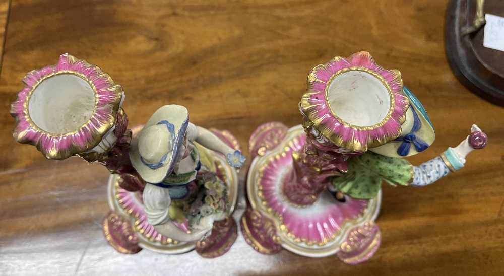 Pair of continental porcelain Minton style candlesticks modelled as fruit and flower sellers, 24cm - Image 7 of 13