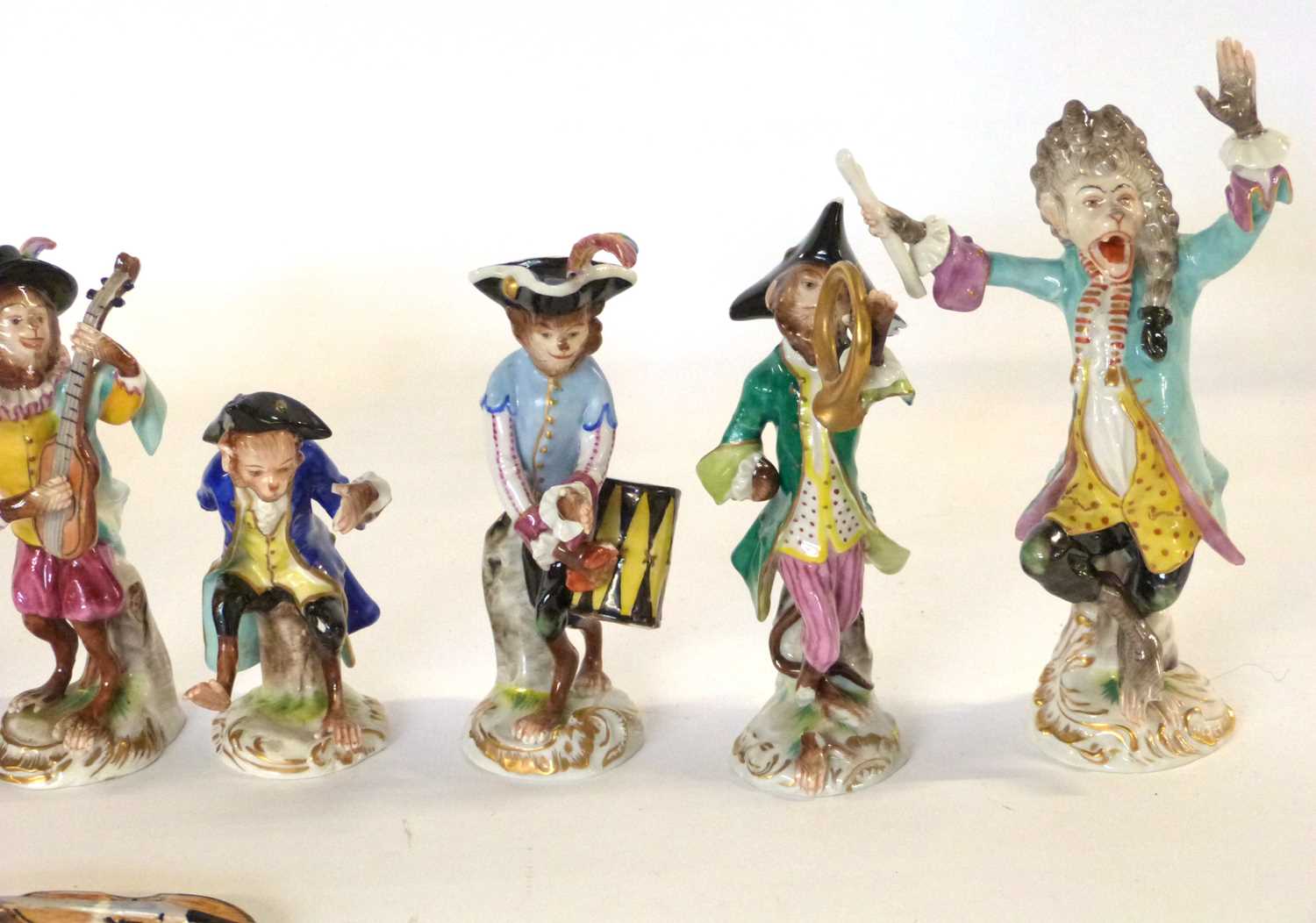 Collection of continental porcelain monkey band figures after Meissen including a conductor and - Image 3 of 4