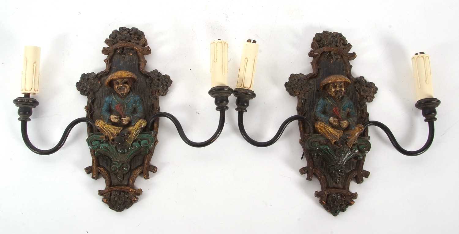 A pair of early 20th Century wall lights with central polychrome panel decorated with a Chinese - Image 3 of 9