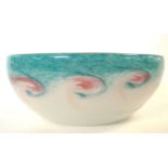 Large signed Vassart bowl in mottled pink, sea green and white, signed on base