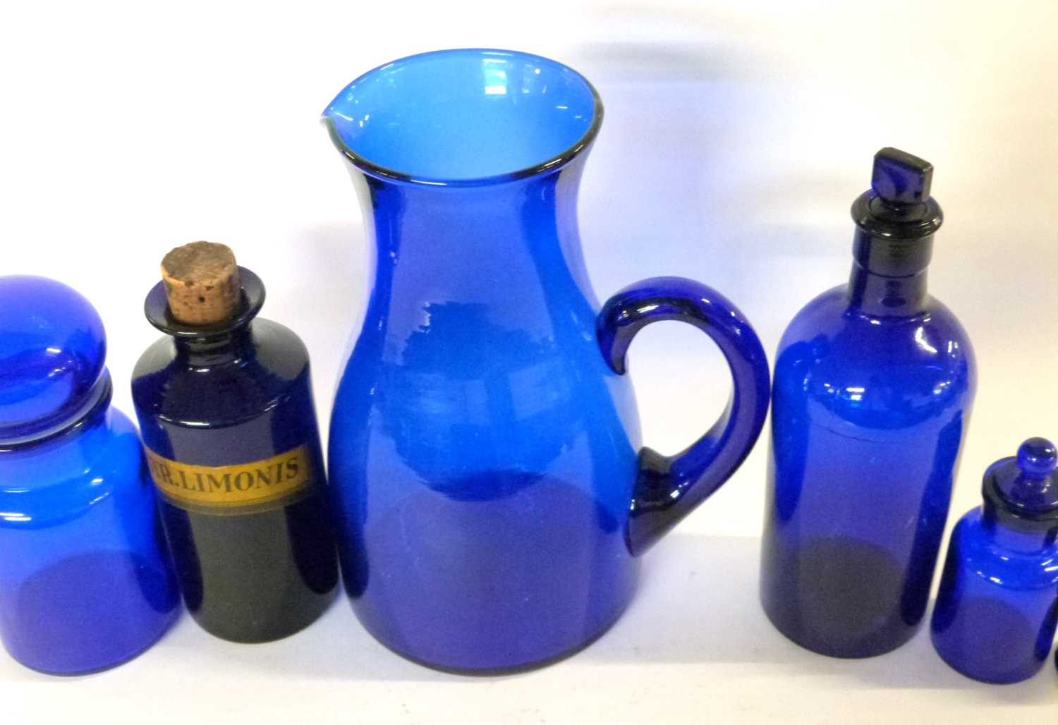 Group of Bristol blue glass wares including a large jug, eye bath and a chemists bottle - Image 3 of 3