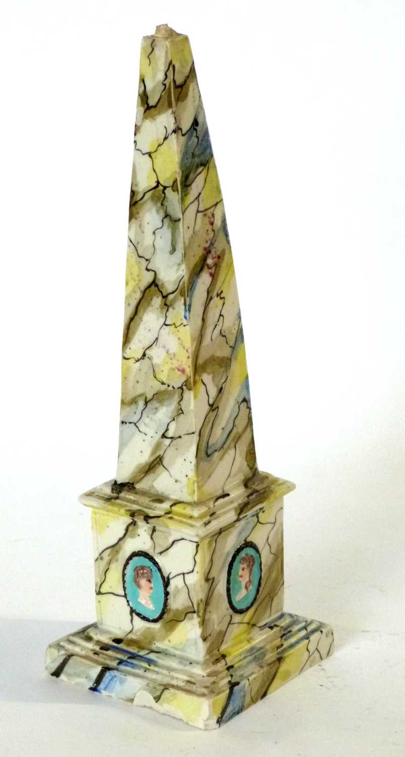 A rare late 18th century Staffordshire pearlware obelisk. Neoclassical in style, painted with faux - Image 3 of 3