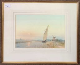 Peter Metcalf (1944-2004), Broadand scene with Wherry and windmill, watercolour, signed, 22x33cm,
