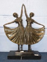 A reproduction bronzed metal Art Deco figure of two dancers on rectangular base