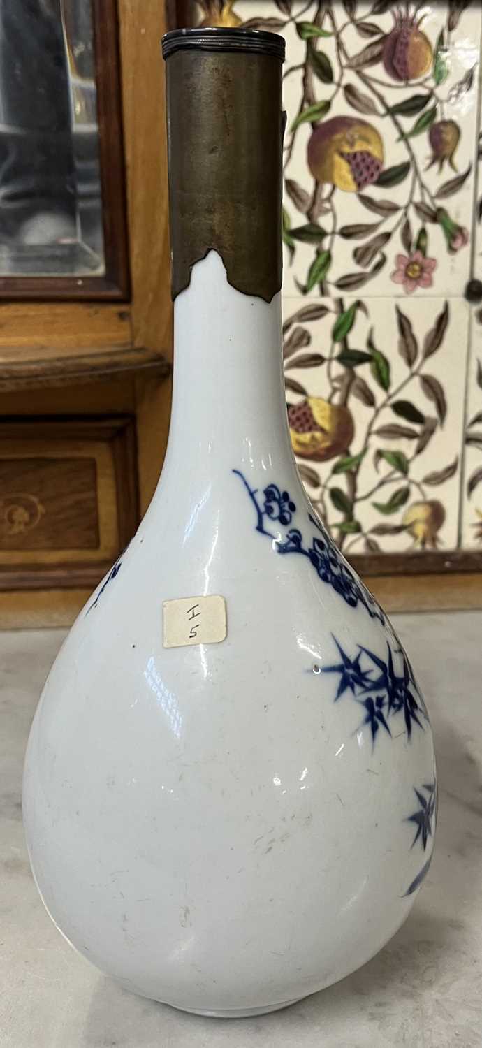 A Chinese porcelain vase, baluster body with blue and white decoration and metal repair to rim - Image 7 of 8