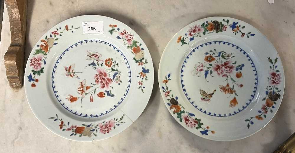 Two 18th Century Chinese porcelain famille rose plates, 23cm diameter, (one with crack and chip) - Image 9 of 10