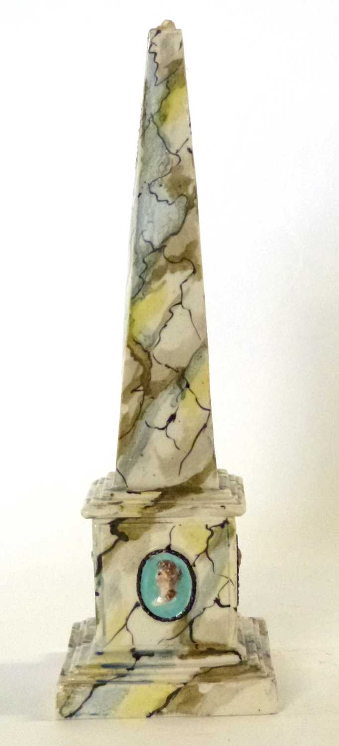 A rare late 18th century Staffordshire pearlware obelisk. Neoclassical in style, painted with faux